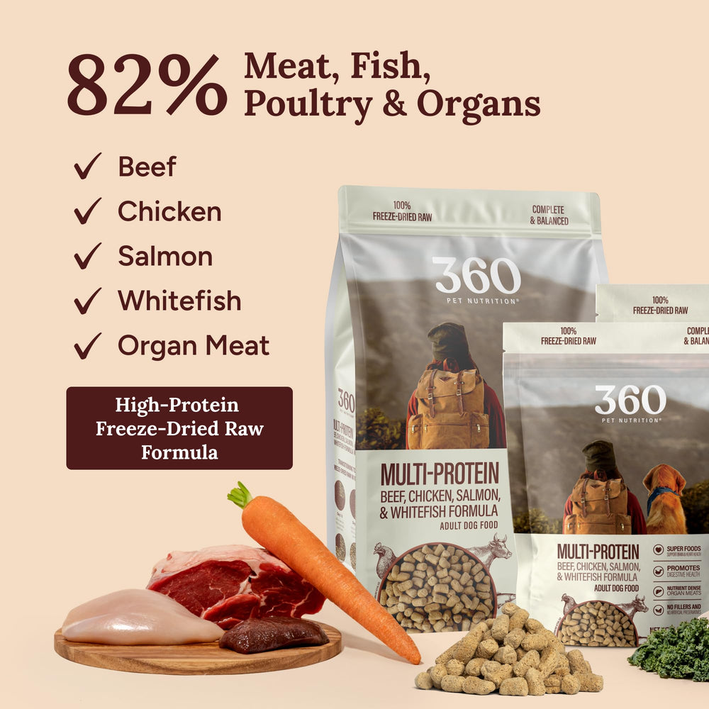 360 Pet Nutrition Freeze-Dried Raw Dog Food shown with warm water for a softer texture.