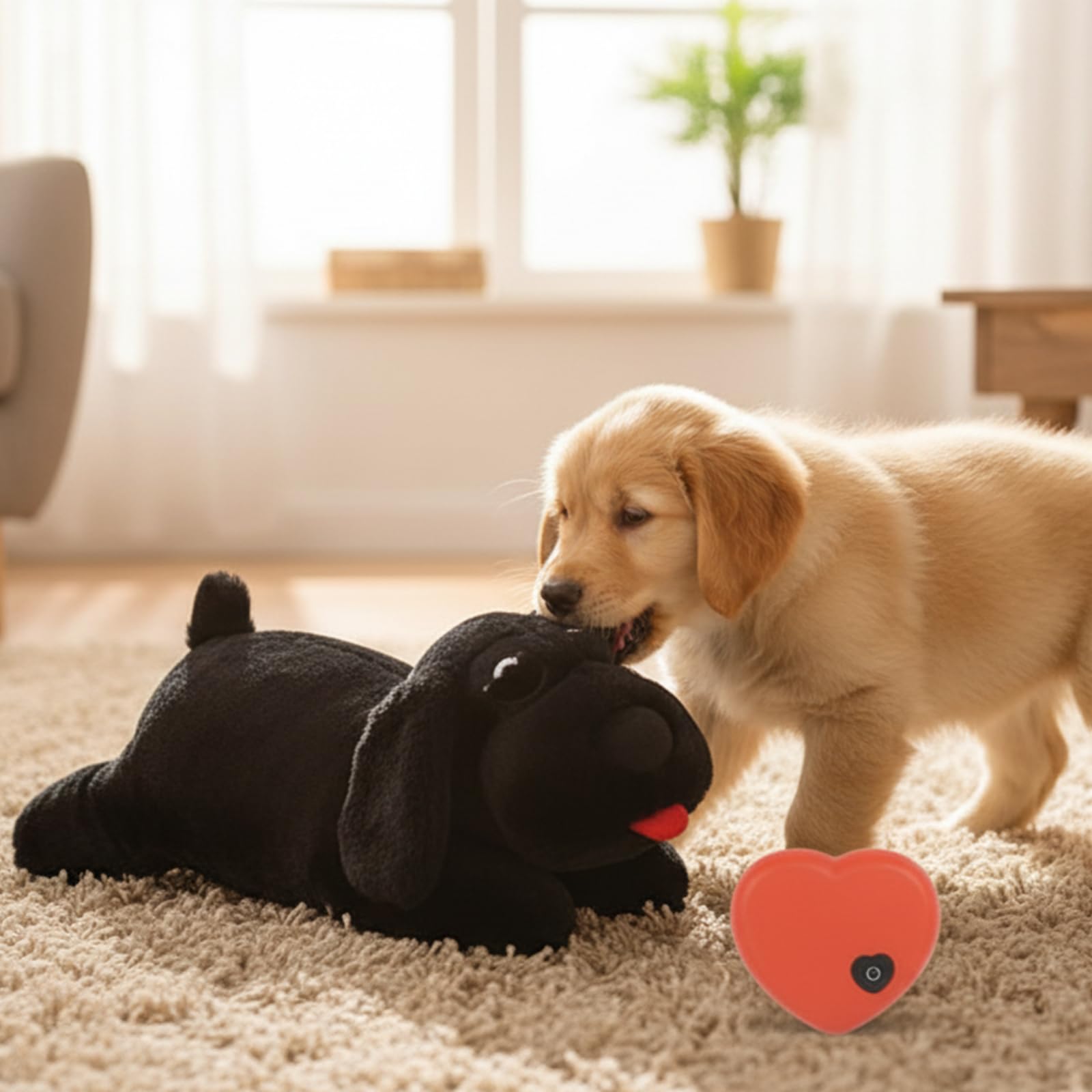 A dog snuggling with the 3T GROUP Heartbeat Puppy toy.