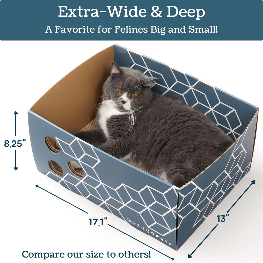 5609PETS cardboard cat scratcher box used as a cat lounge and hideout.