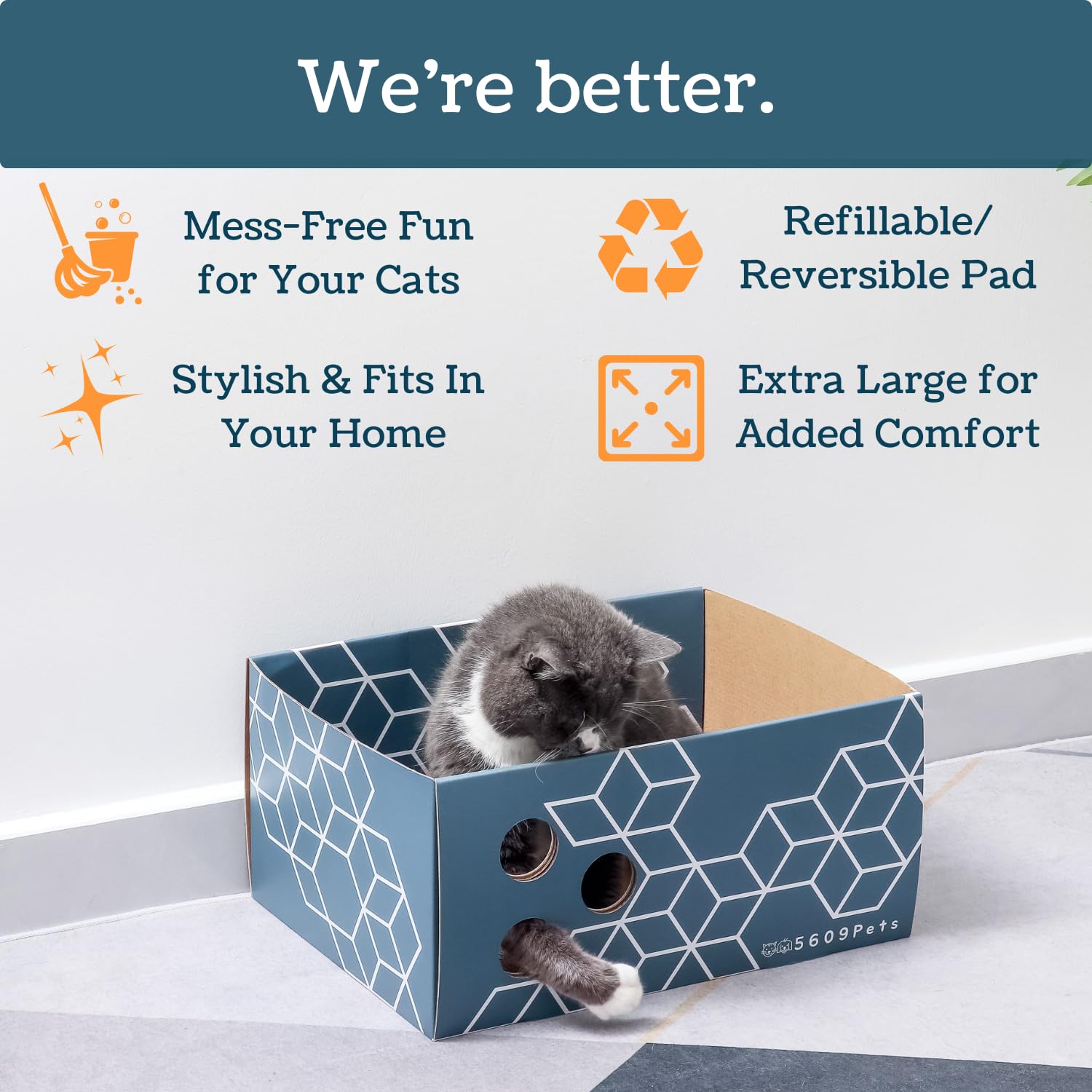 5609PETS cardboard cat scratcher box with its double-sided scratch pad.