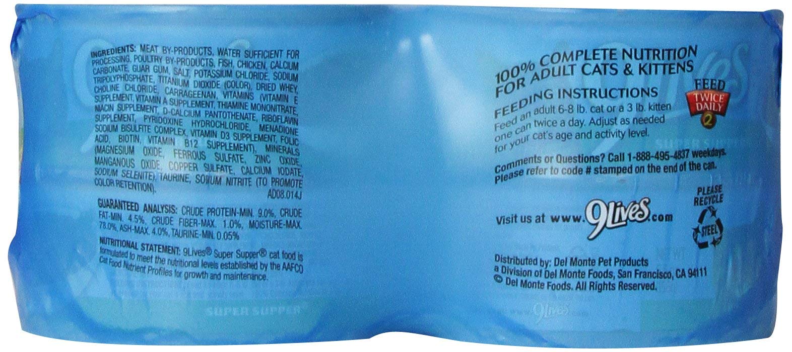 9Lives wet cat food with a close view of its smooth paté texture.
