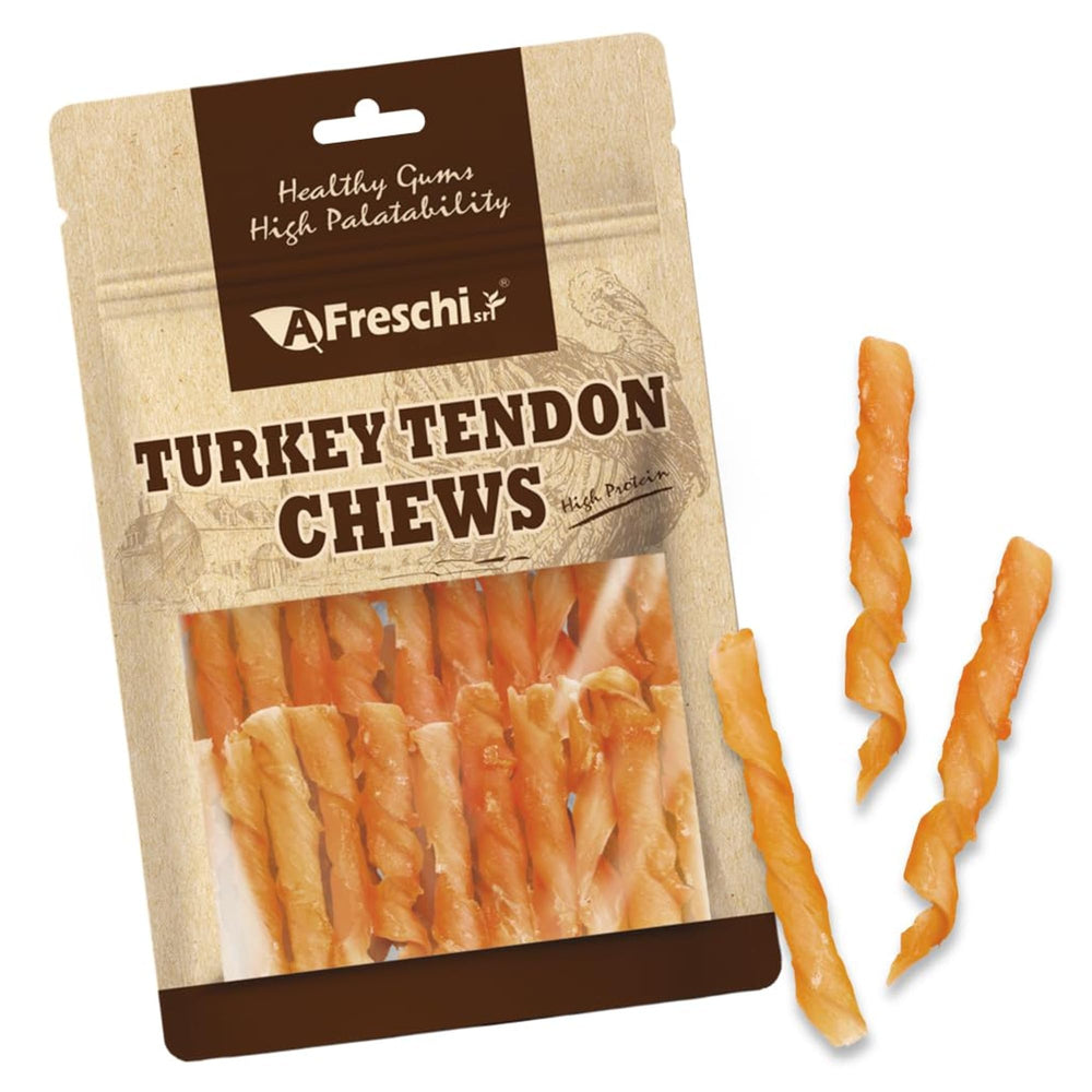 A Freschi srl turkey tendon dog treat shown in a full product view.