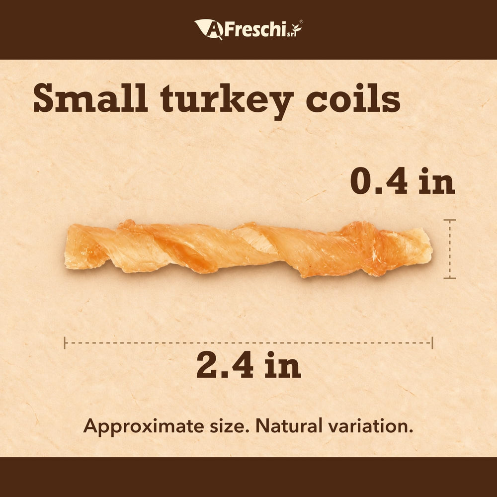 A Freschi srl turkey tendon dog treat photographed from the side.
