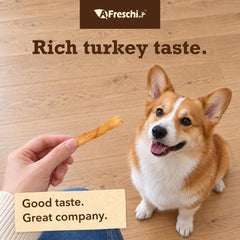 A Freschi srl turkey tendon dog treat with its tendon texture in close-up.