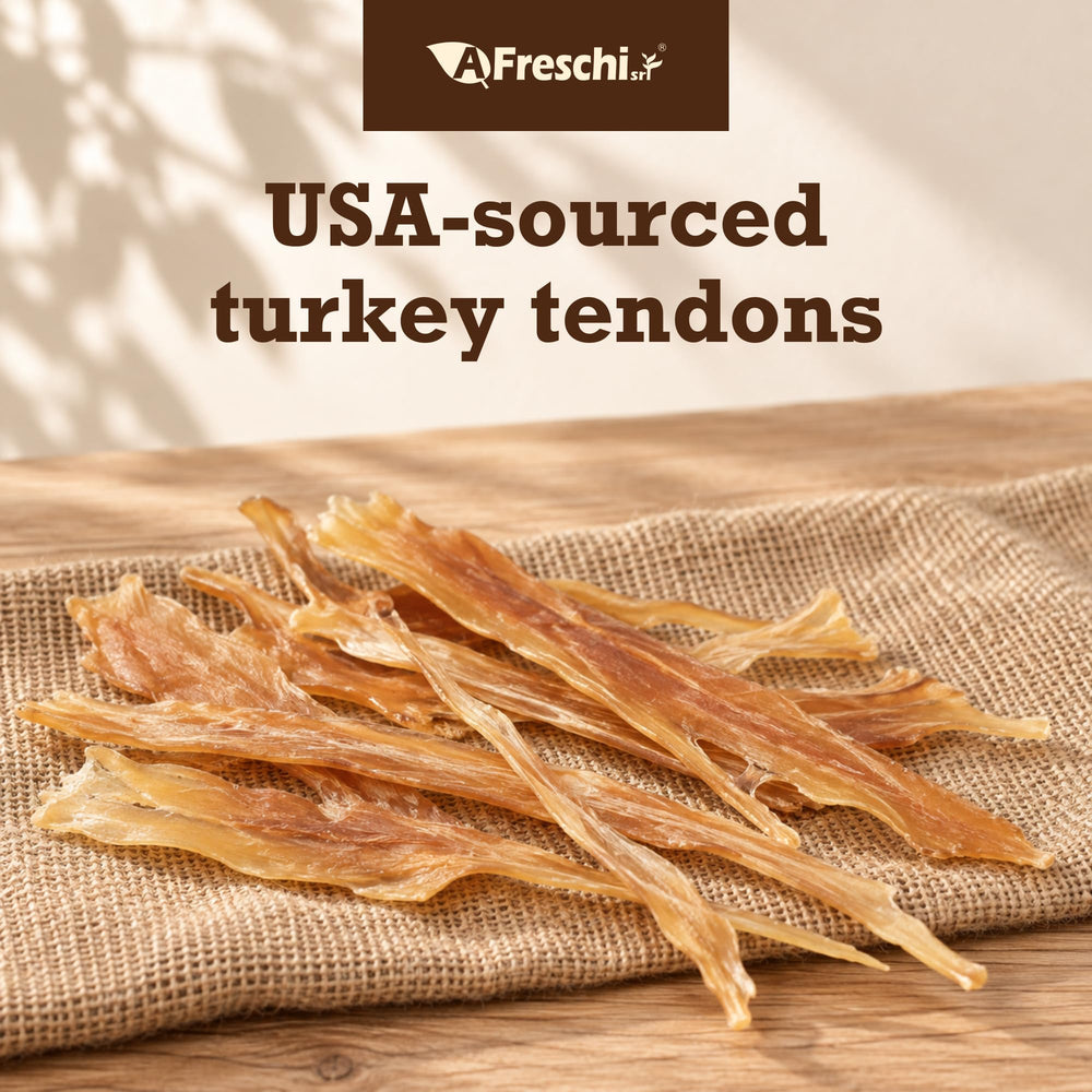 A Freschi srl turkey tendon dog treat viewed from above.