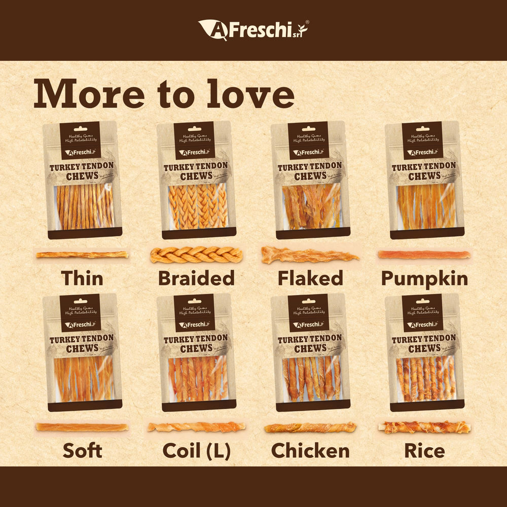 A Freschi srl turkey tendon dog treat presented as a savory reward.
