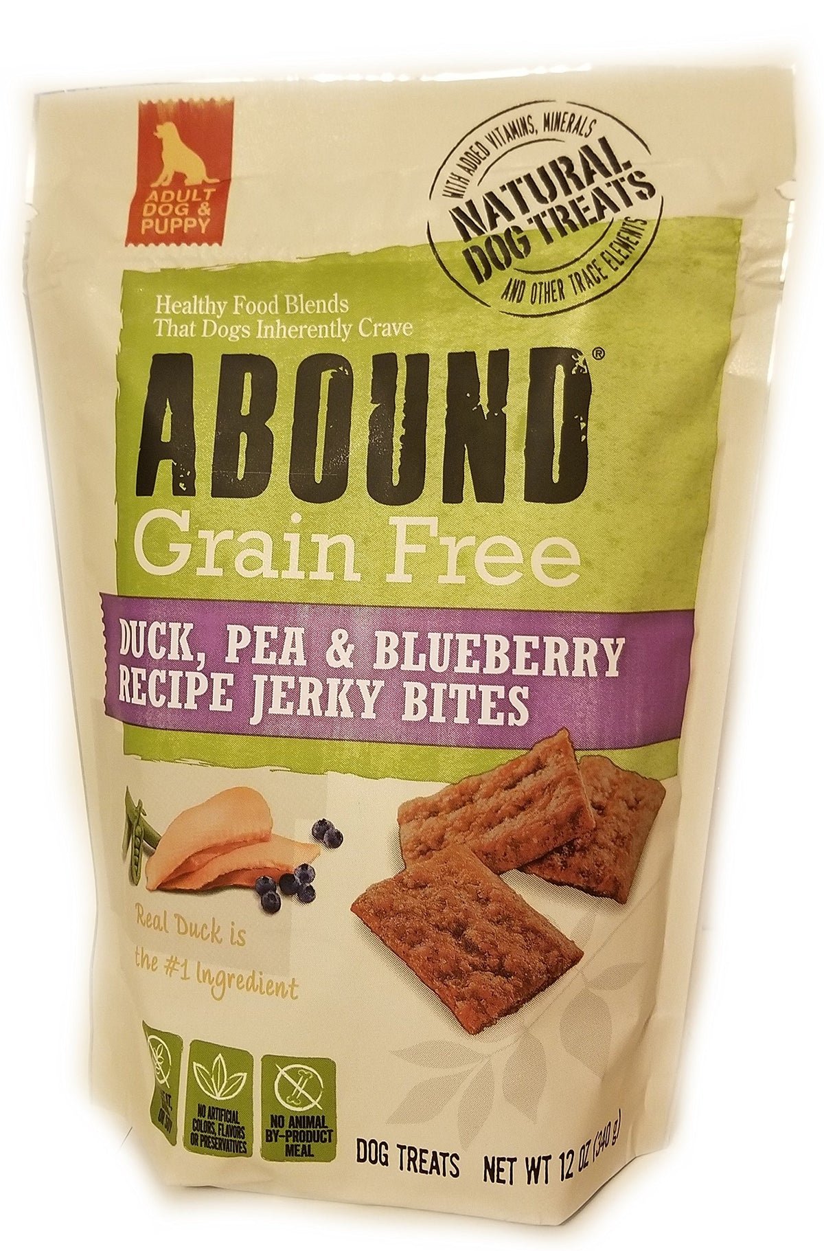 Abound Grain Free Duck Jerky Bites dog treat shown from the front.