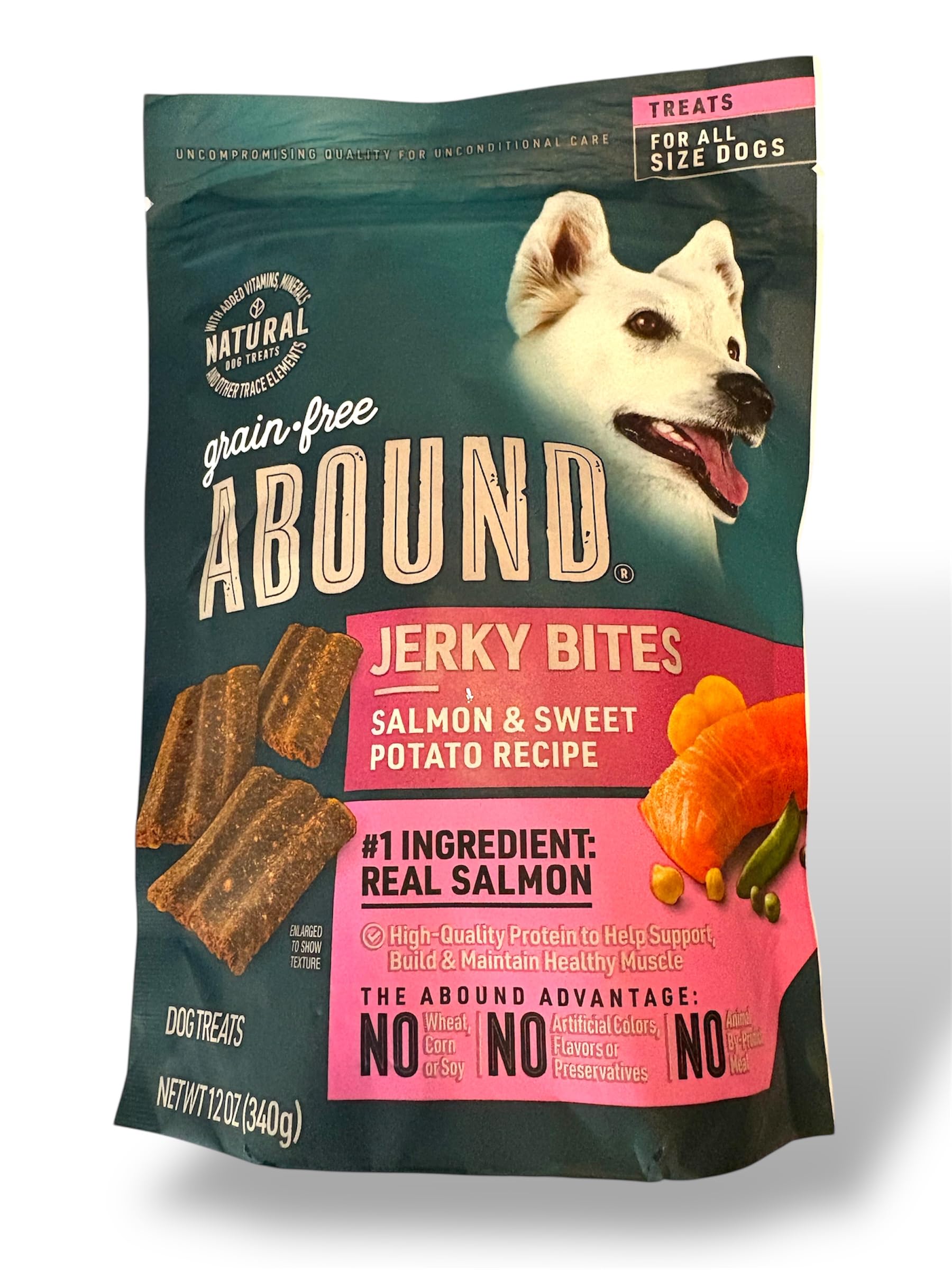 Abound salmon and sweet potato jerky bites package shown from the front.