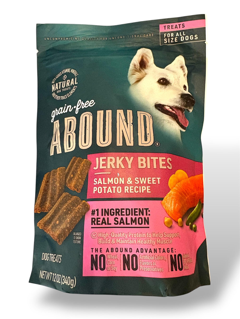 Abound salmon and sweet potato jerky bites package shown from the front.