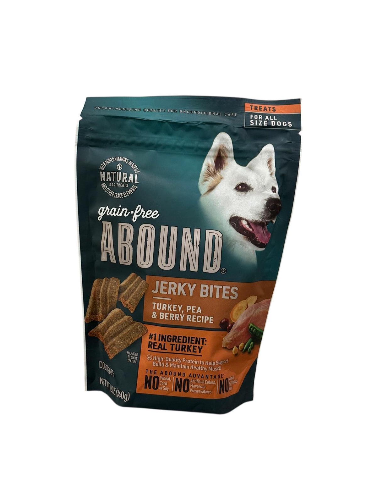 Abound turkey jerky bites shown with the front of the bag facing forward.