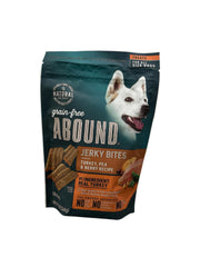 Abound turkey jerky bites shown with the front of the bag facing forward.