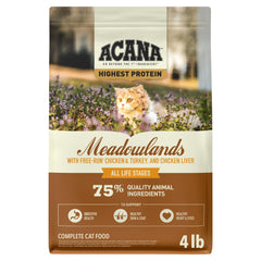 ACANA Meadowlands cat food bag shown from the front with the recipe name visible.
