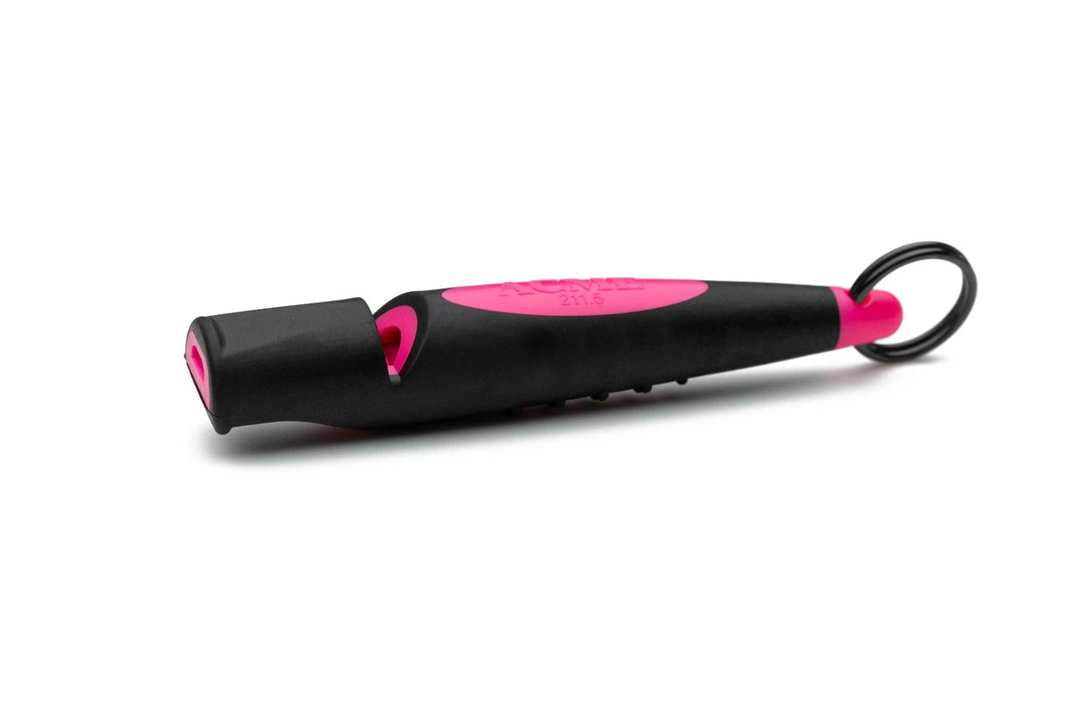 ACME Alpha 210.5 dog training whistle shown from the front in black and day glow pink.