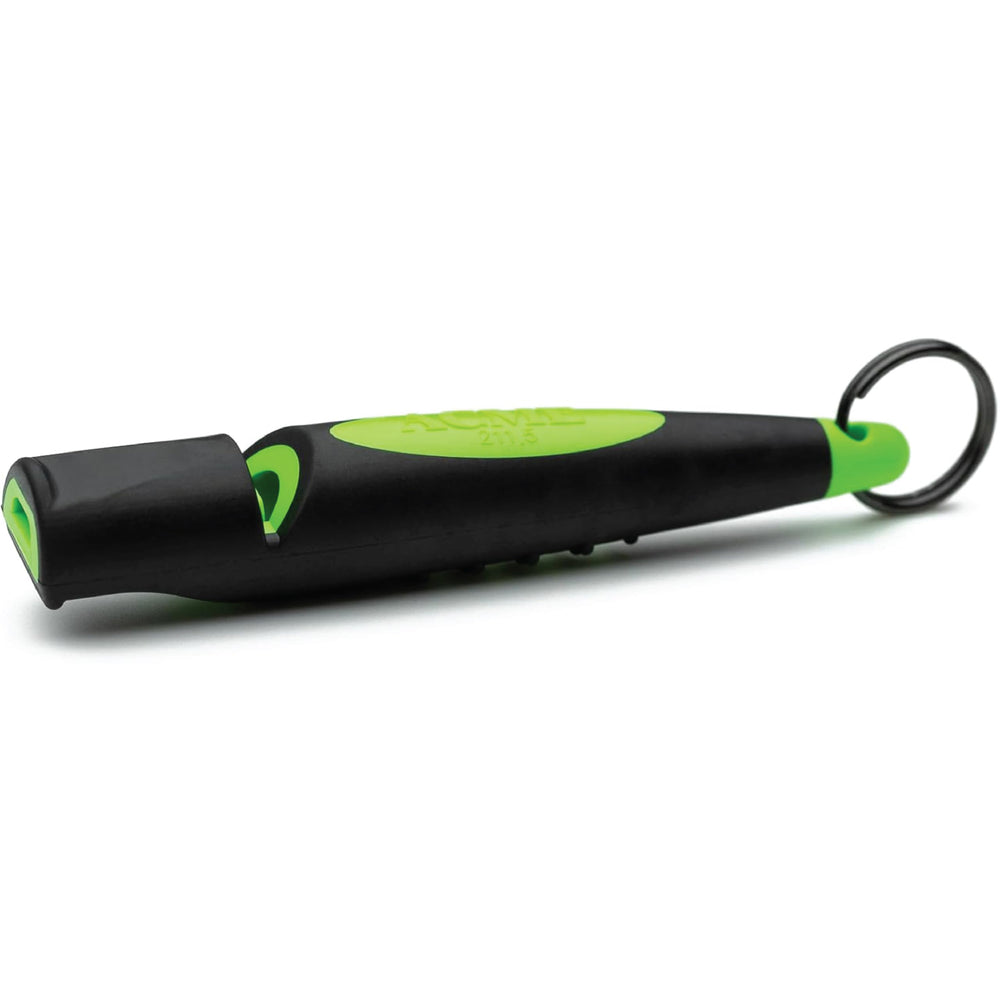 ACME Alpha 211.5 dog training whistle shown in black with a Day Glow Green grip.