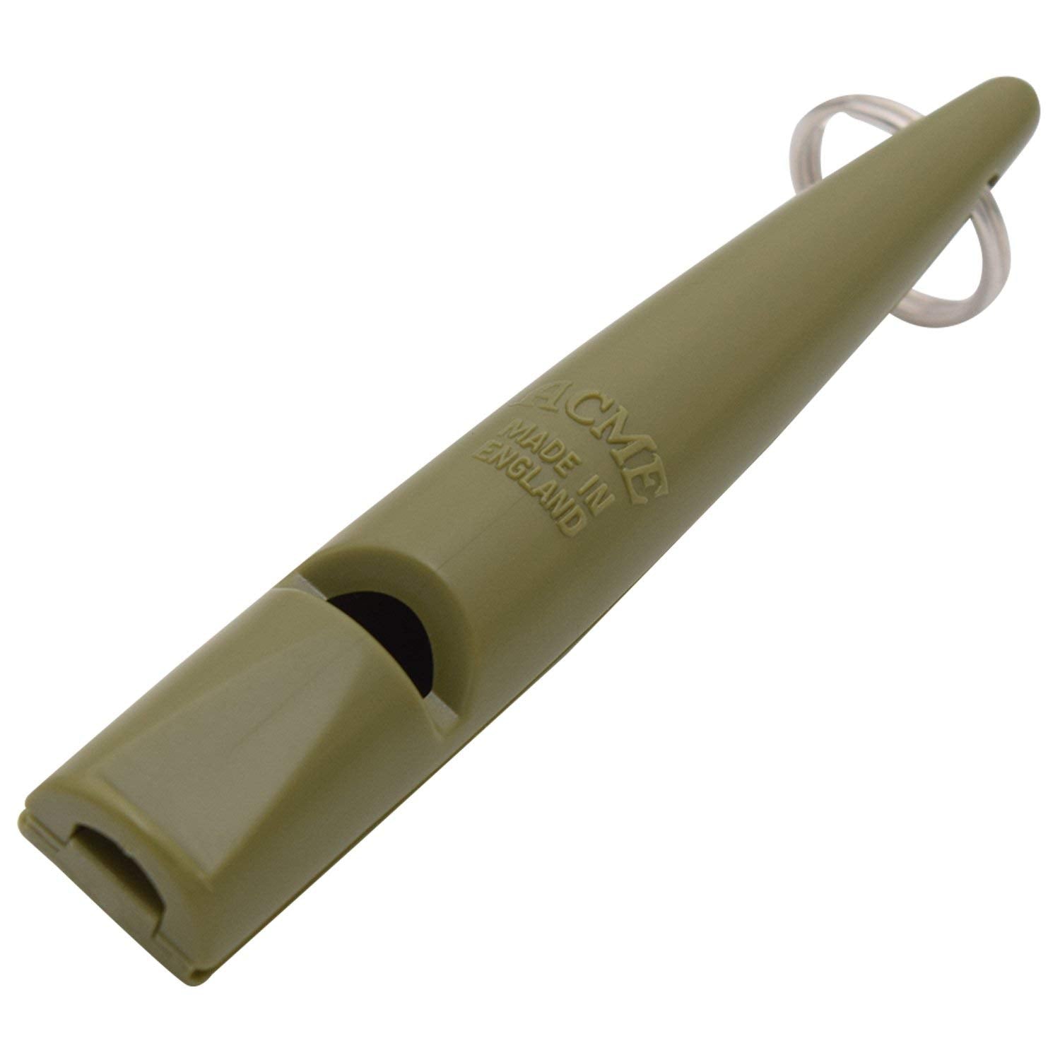 ACME dog training whistle shown from the front in olive green.