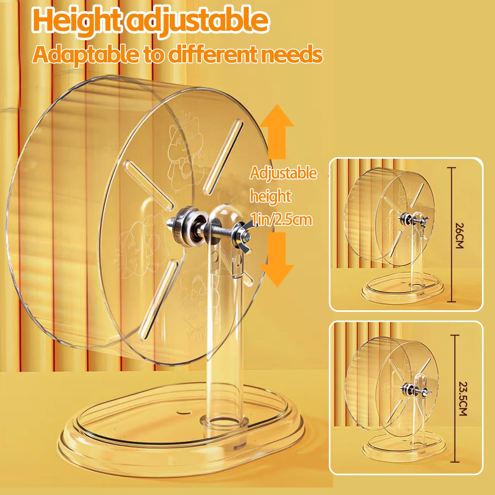 Acsist hamster exercise wheel showing the height-adjustable stand.
