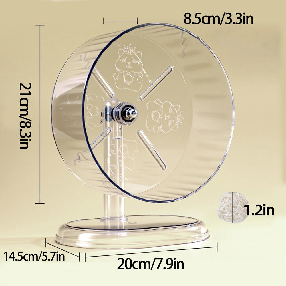 Acsist hamster exercise wheel viewed from the side, showing the wheel and stand.