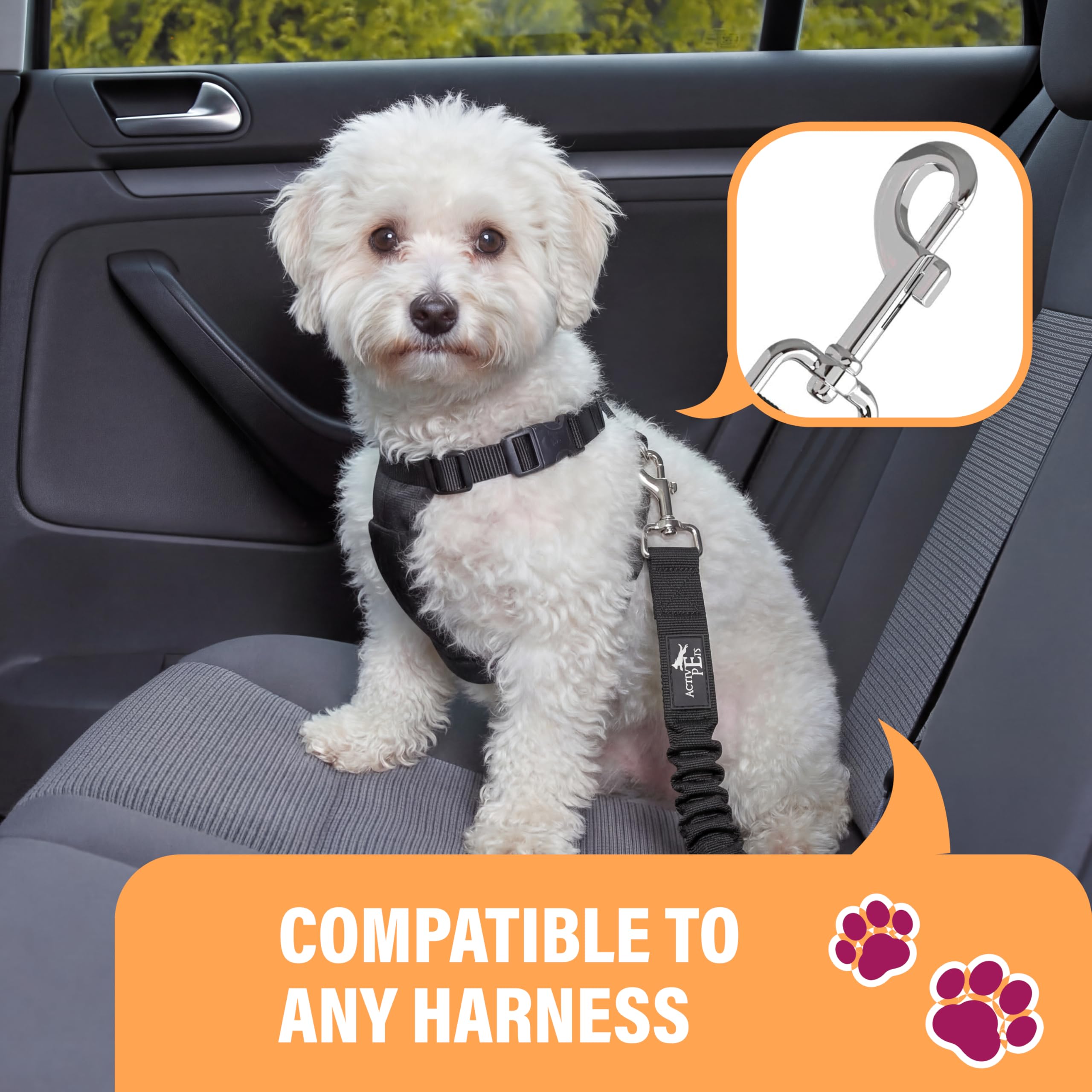 Active Pets Dog Seatbelt shown securing a dog inside a vehicle.