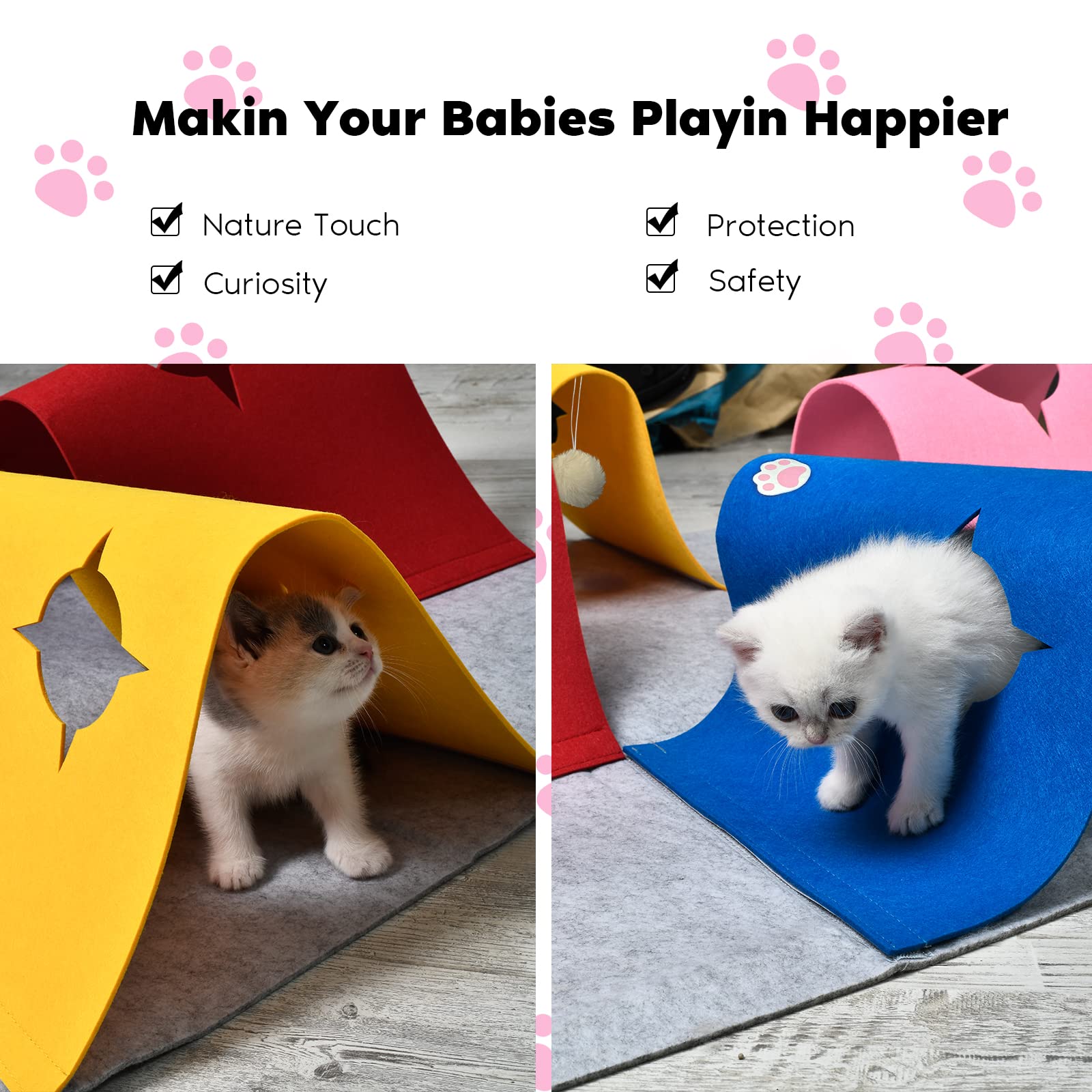 AFLIFLI cat tunnel play mat featuring its hanging plush ball.