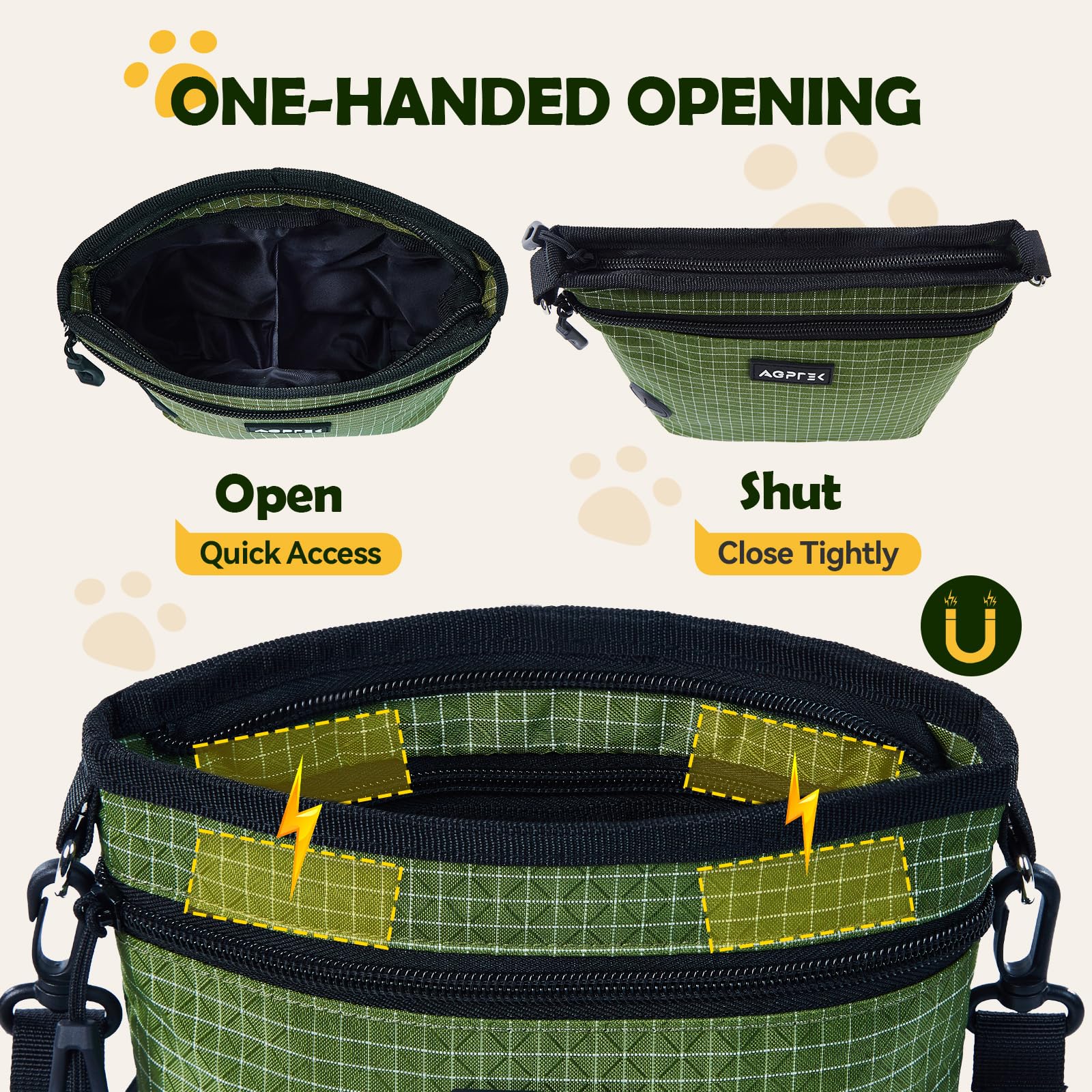 AGPTEK Dog Training Treat Pouch magnetic clasp and zipper closure.
