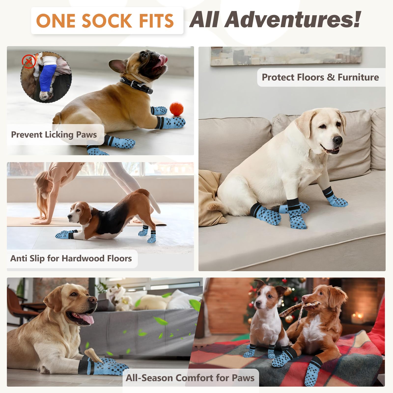 AIEDOULER dog socks worn on a dog standing on a hardwood floor.