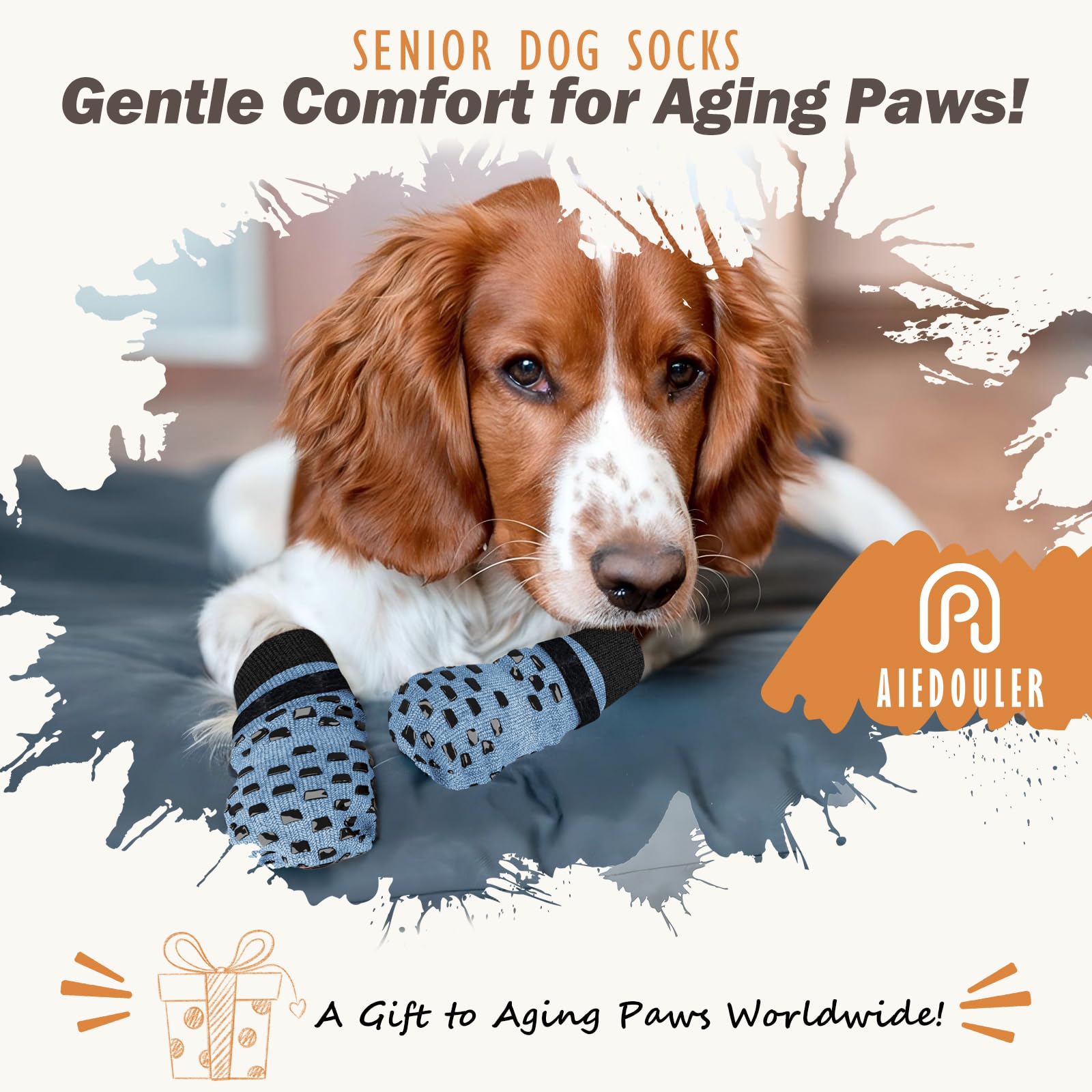 AIEDOULER dog socks shown on a dog's paws to illustrate their covered fit.