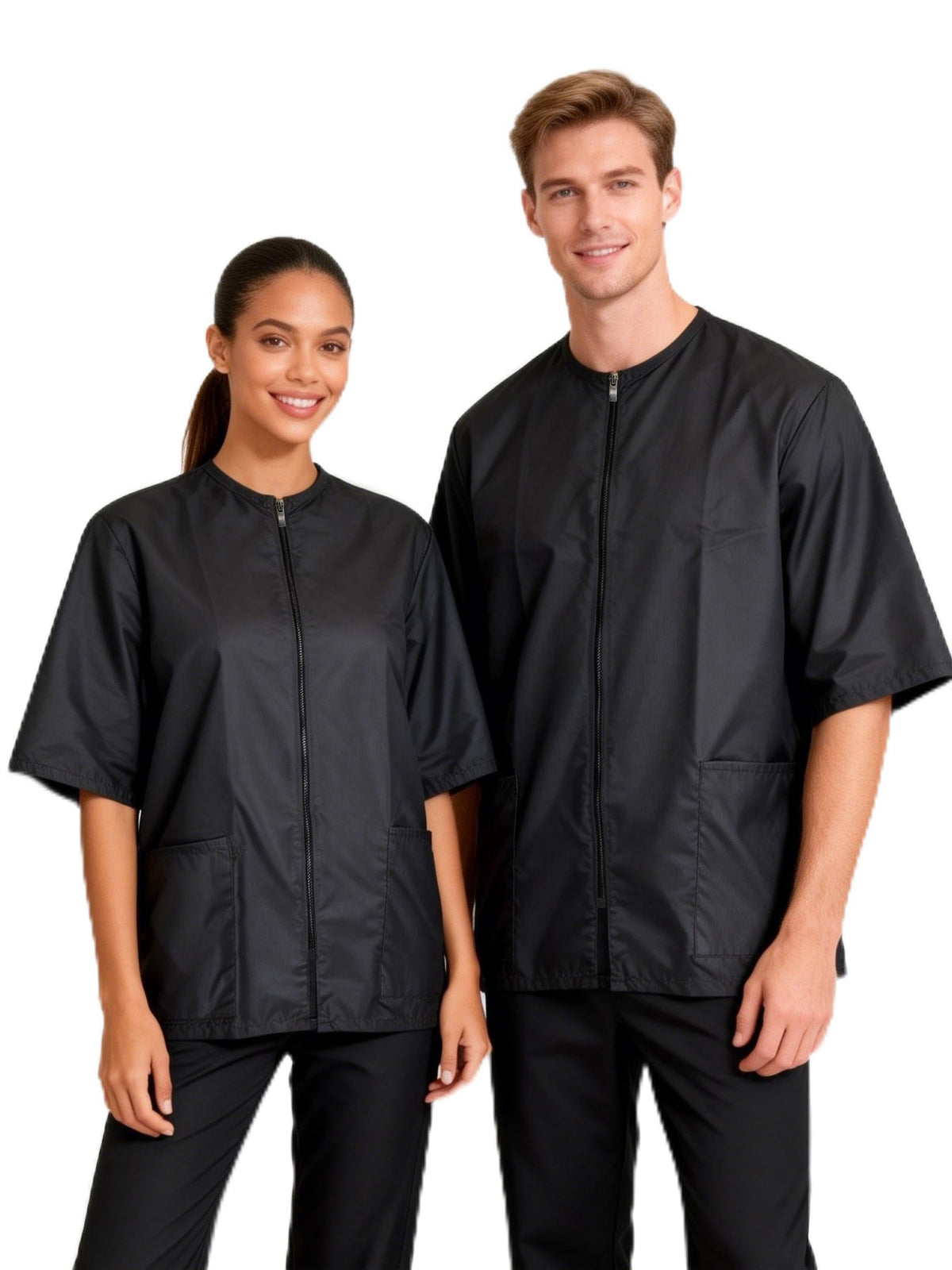 Ailefentene dog grooming smock shown from the front in black.