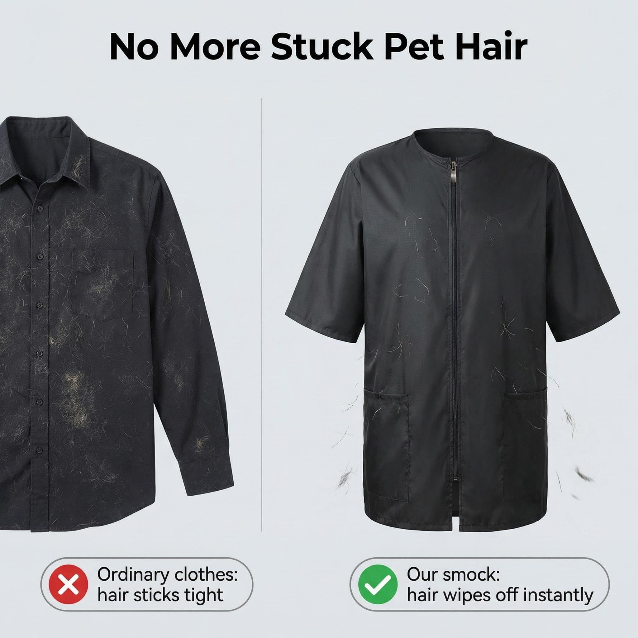 Ailefentene dog grooming smock worn for a pet grooming session.