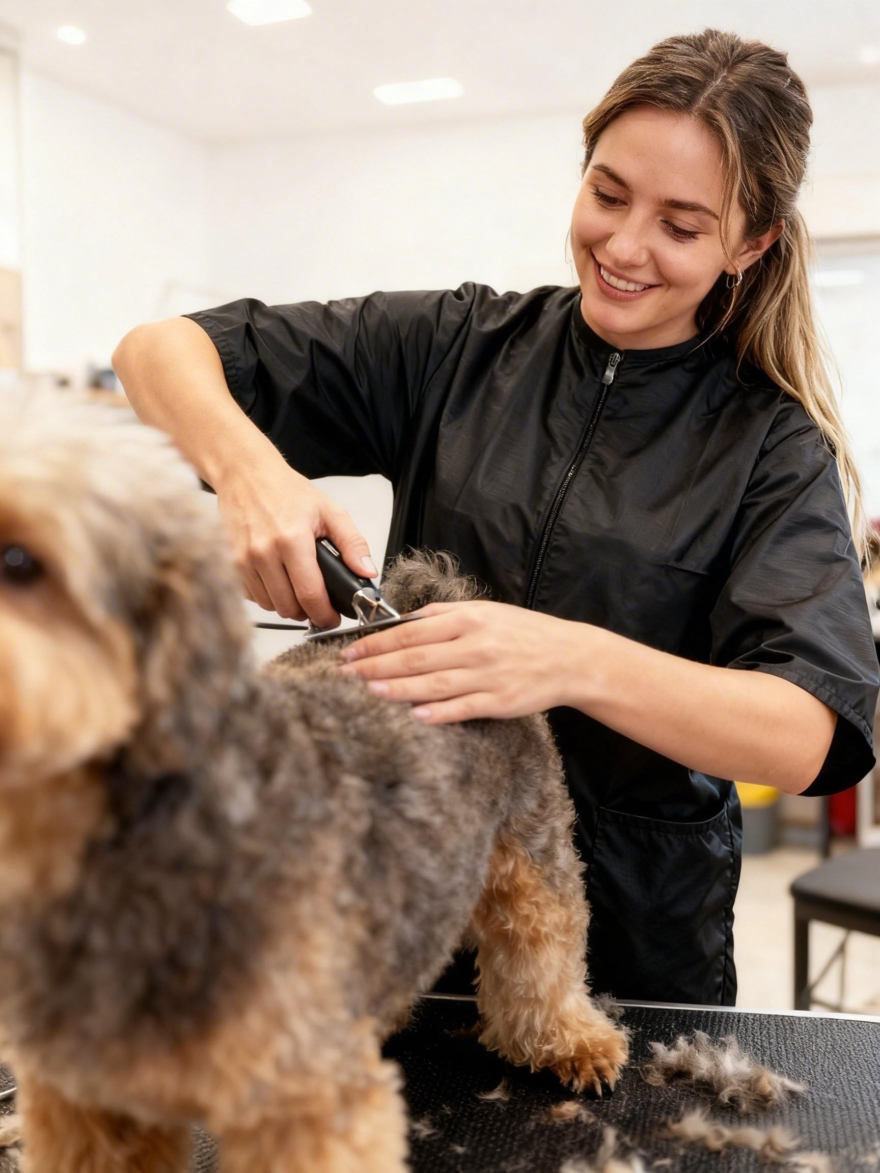 Ailefentene dog grooming smock shown from a side angle.