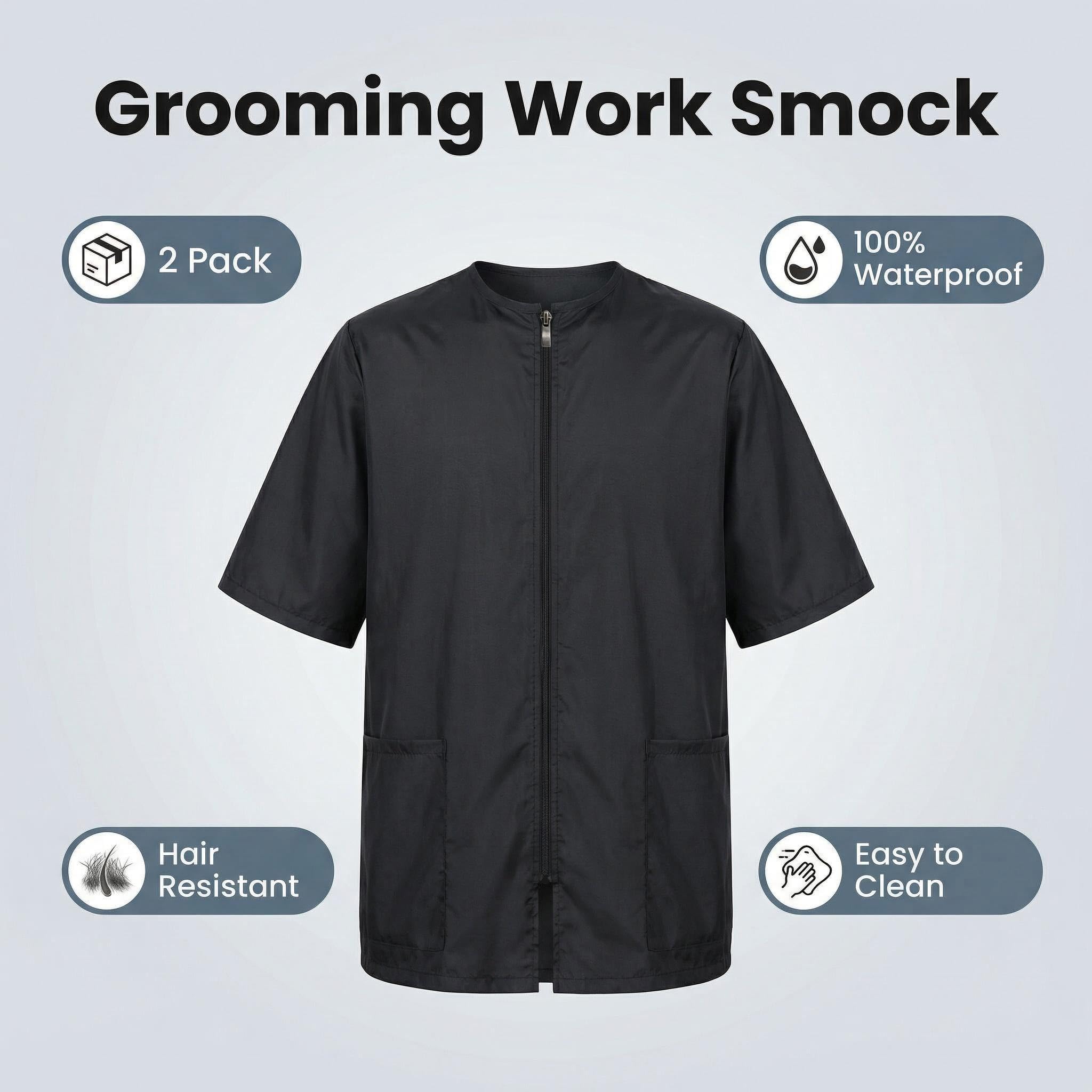 Ailefentene dog grooming smock with a close view of its full-front zipper.