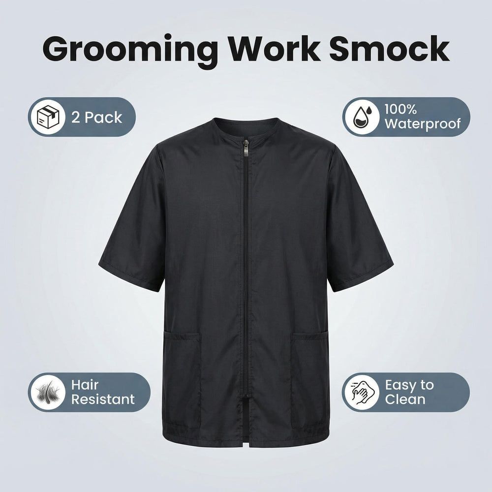 Ailefentene dog grooming smock with a close view of its full-front zipper.