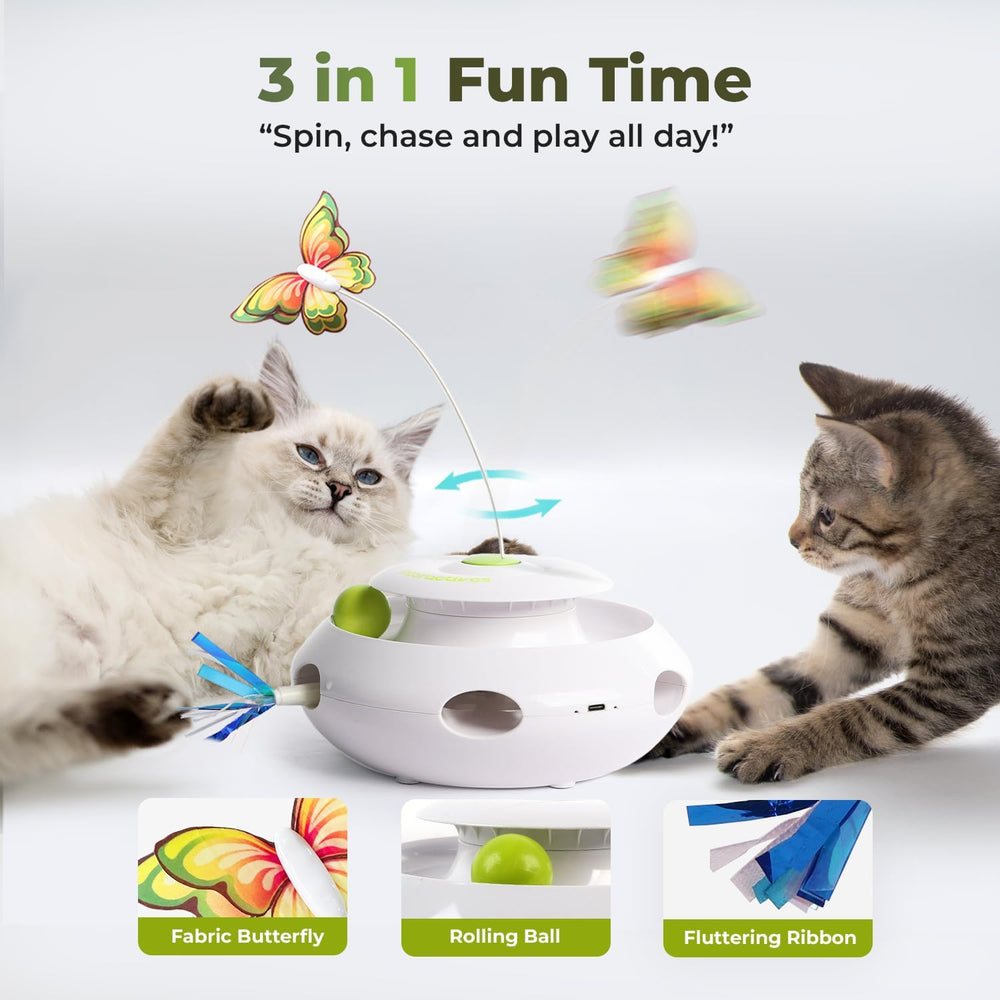 ALL FOR PAWS cat toy with a close-up view of its soft fabric butterfly.