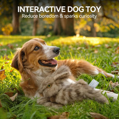 A dog playing fetch with the ALL FOR PAWS Brown Rabbit Pet Plush Toy.