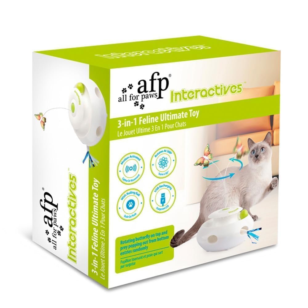 ALL FOR PAWS rechargeable cat toy shown with its USB-rechargeable design.