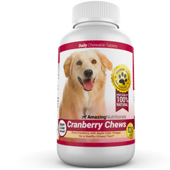 Amazing Nutritionals cranberry dog chews shown with the product bottle from the front.