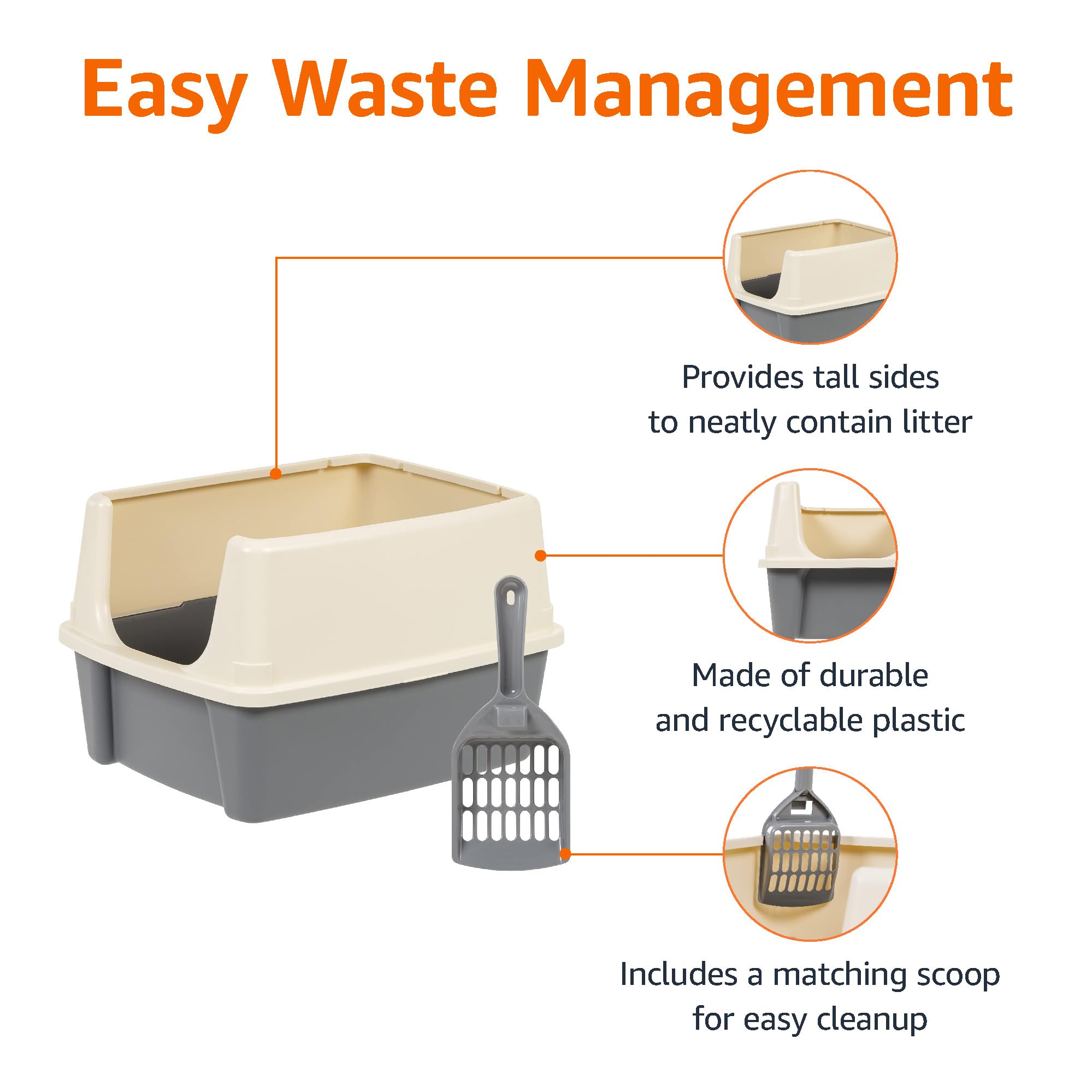 Amazon Basics cat litter box with a close view of its high sides.