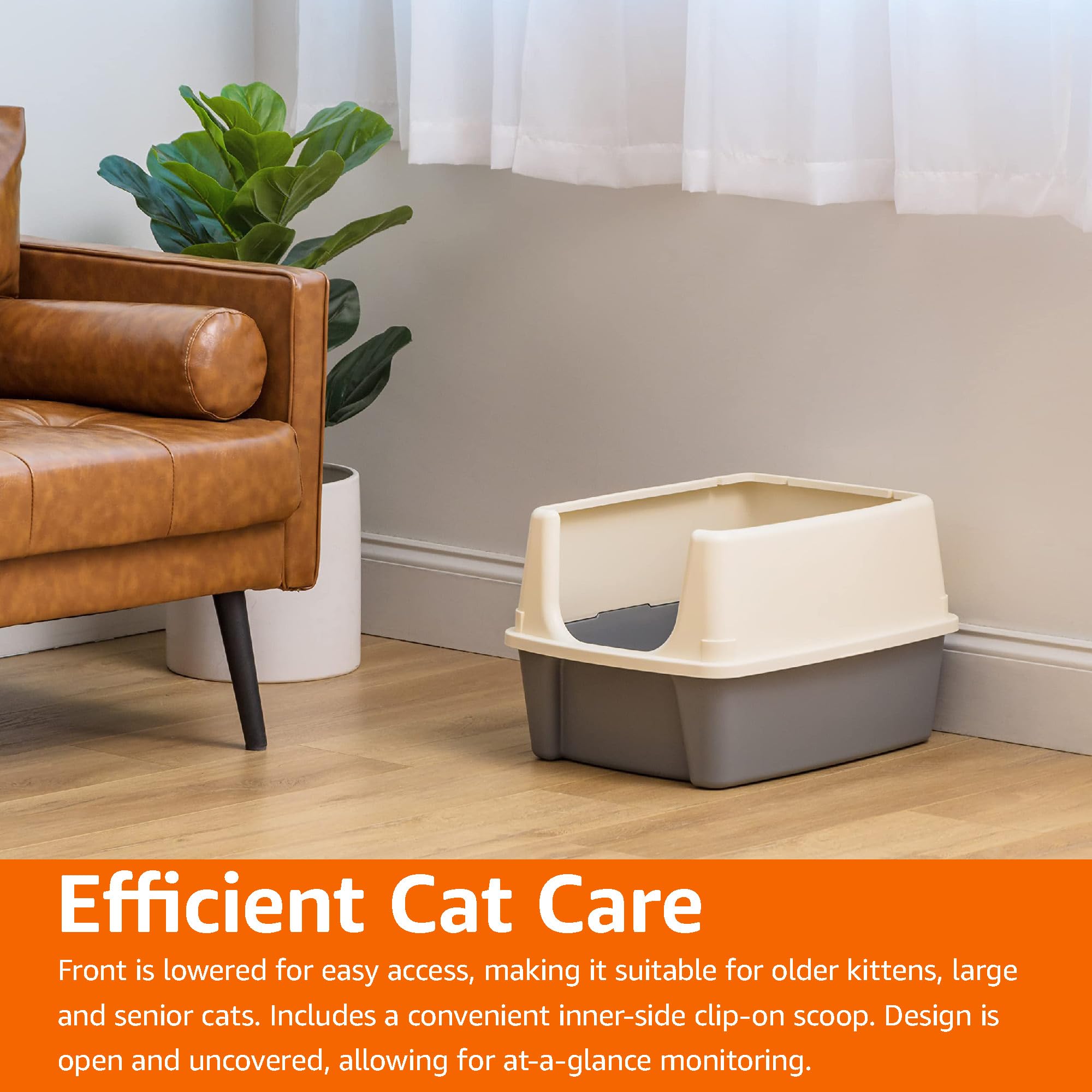 Amazon Basics cat litter box shown in use by an indoor cat.