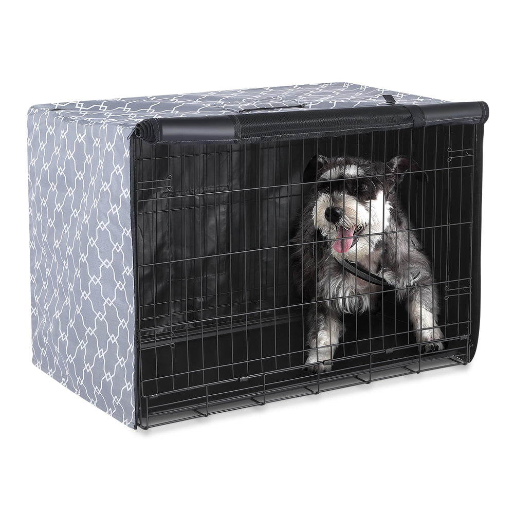 Amazon Basics dog crate cover shown from the front.