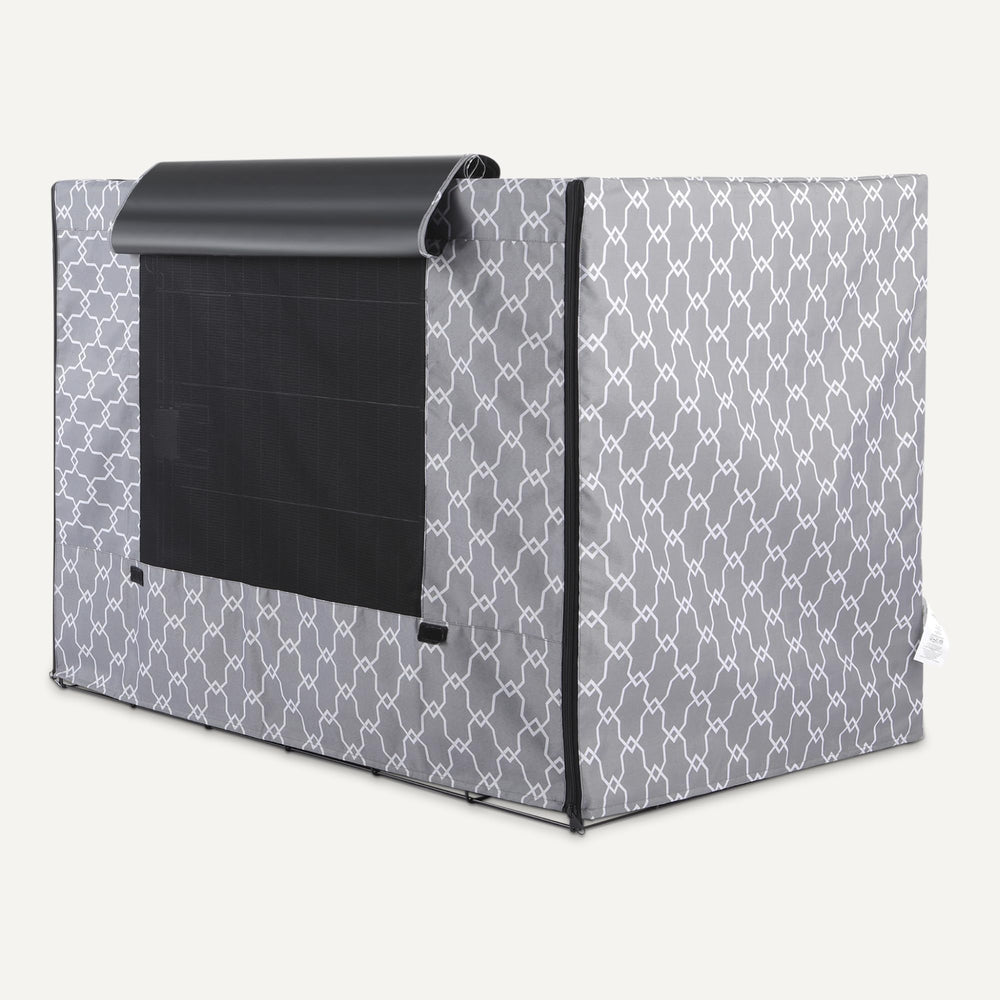 Amazon Basics dog crate cover material shown in close-up.
