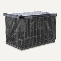 Amazon Basics dog crate cover fitted over a wire crate.