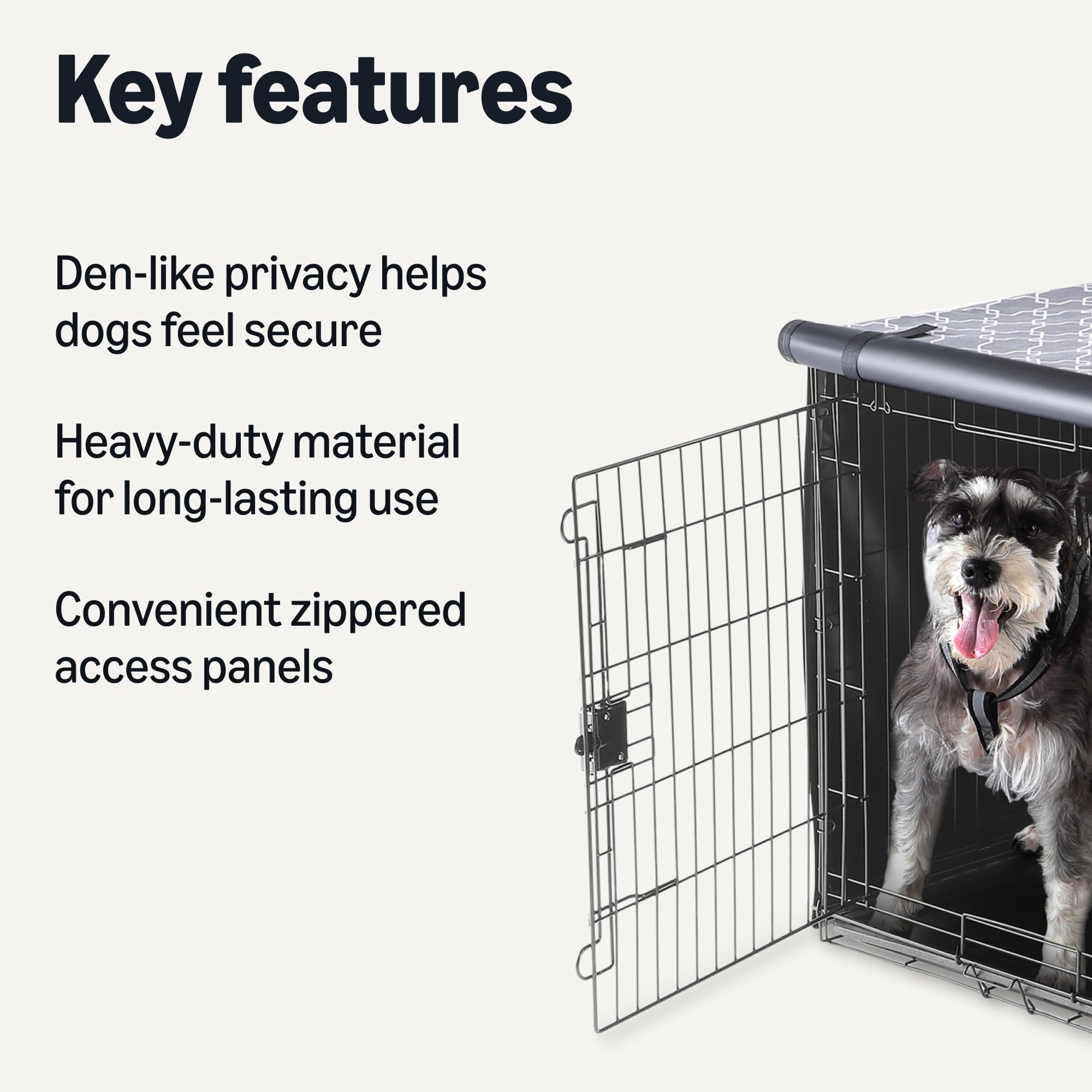 Amazon Basics dog crate cover with its zippered panels in view.