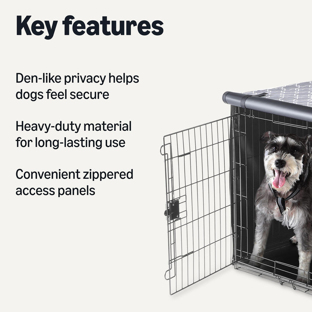 Amazon Basics dog crate cover with its zippered panels in view.
