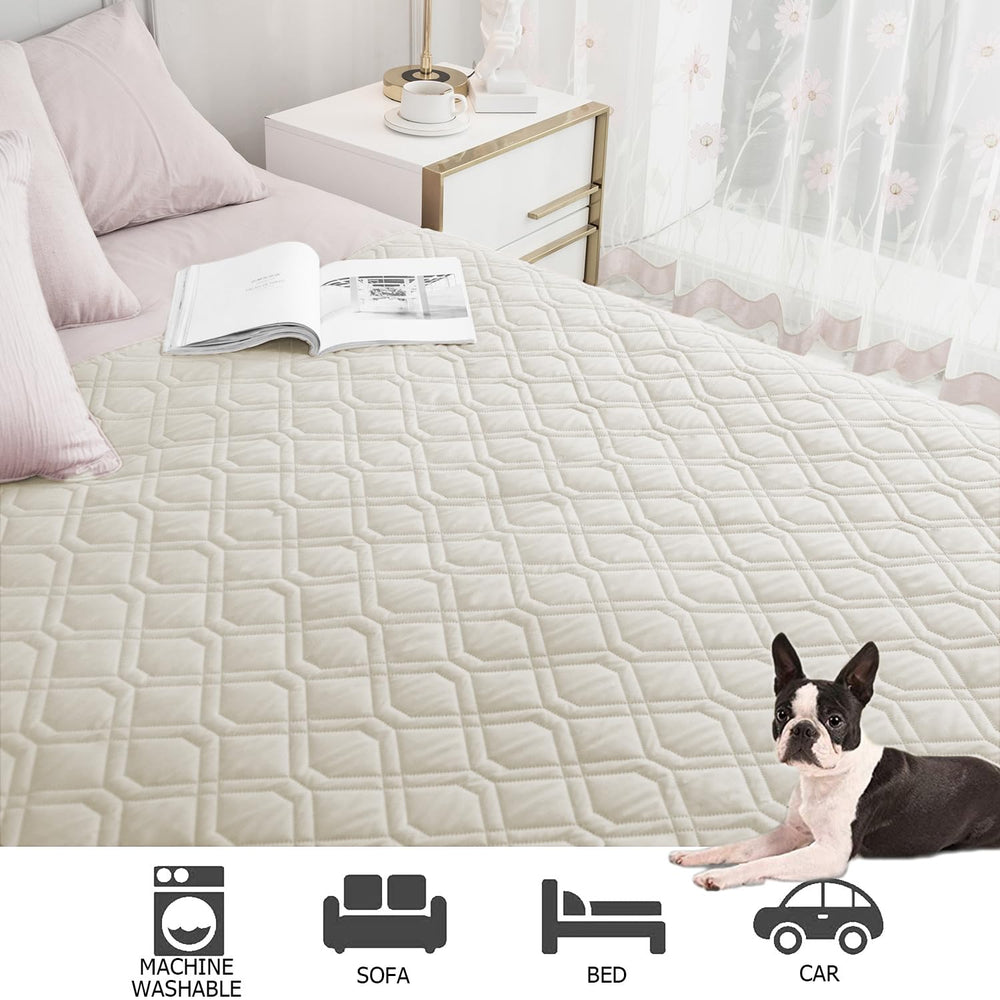Ameritex waterproof dog bed cover laid over a bed.
