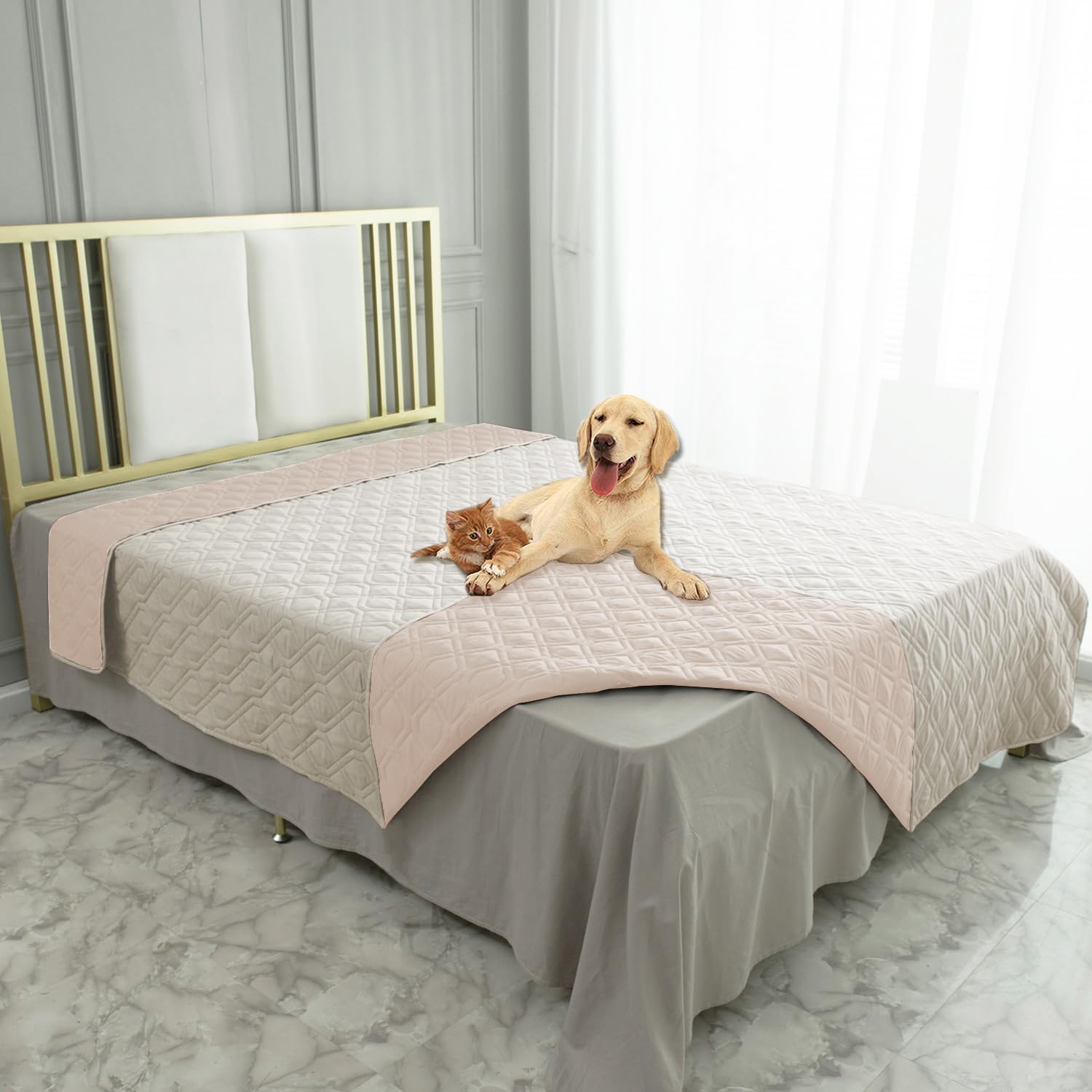 Ameritex waterproof dog bed cover folded to show both colored sides.