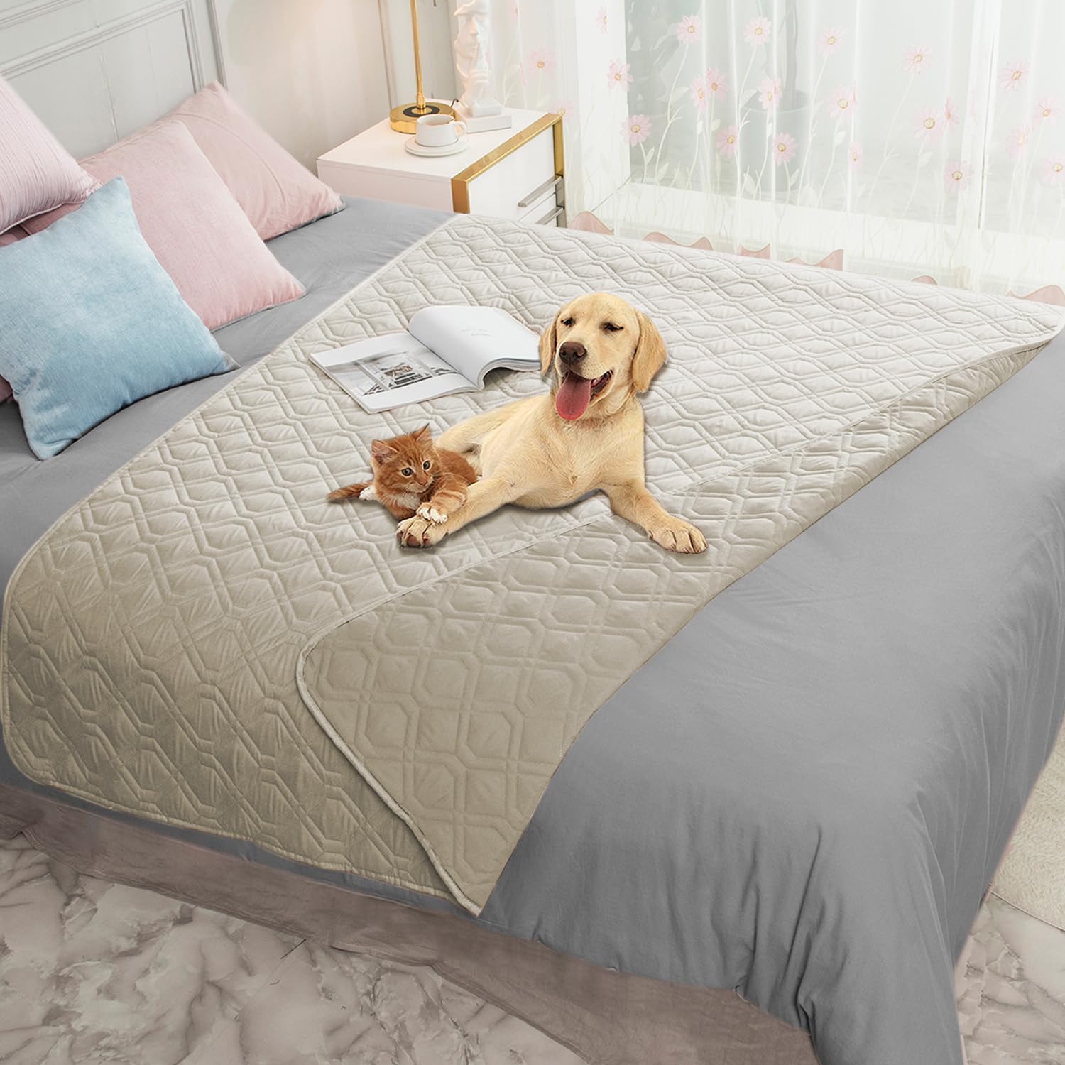 Ameritex waterproof dog bed cover shown folded in a front product view.