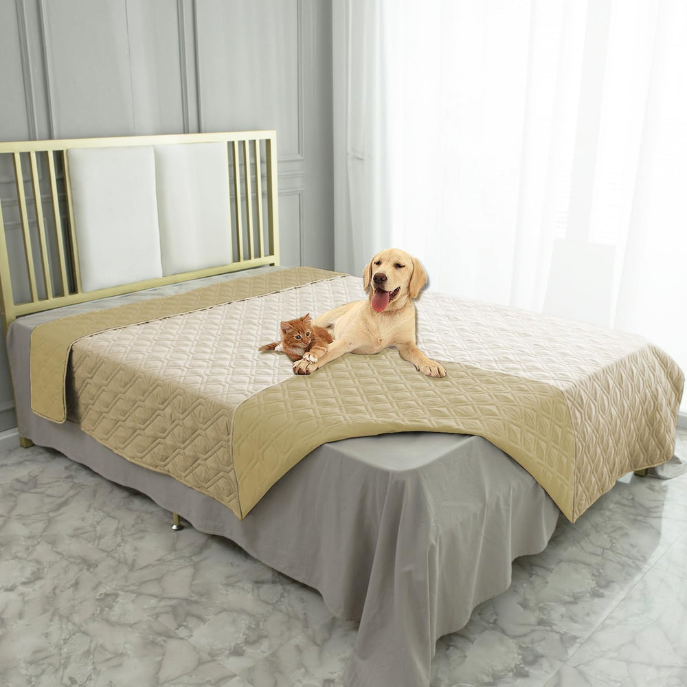 Ameritex waterproof dog bed blanket shown in its available size options.