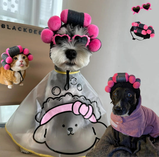AnHome Spa Day pet wig shown from the front with its curly gray hair-style rolls.