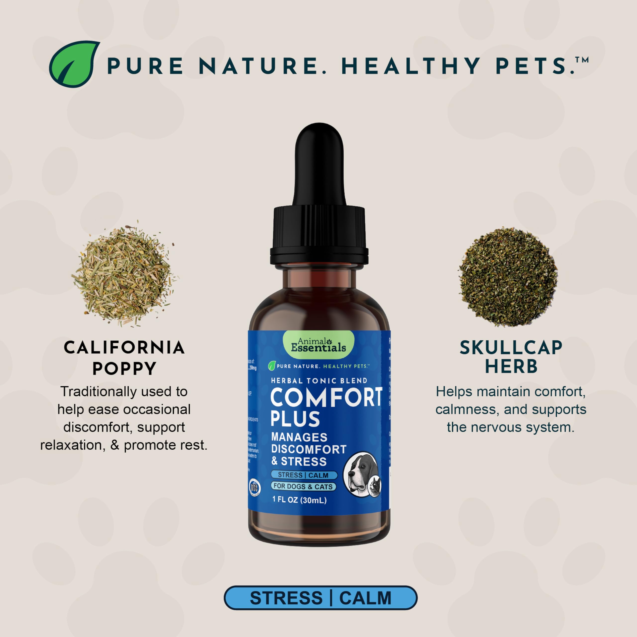 Animal Essentials Comfort Plus herbal tonic shown in a close-up product detail.
