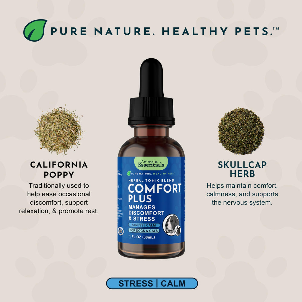 Animal Essentials Comfort Plus herbal tonic shown in a close-up product detail.