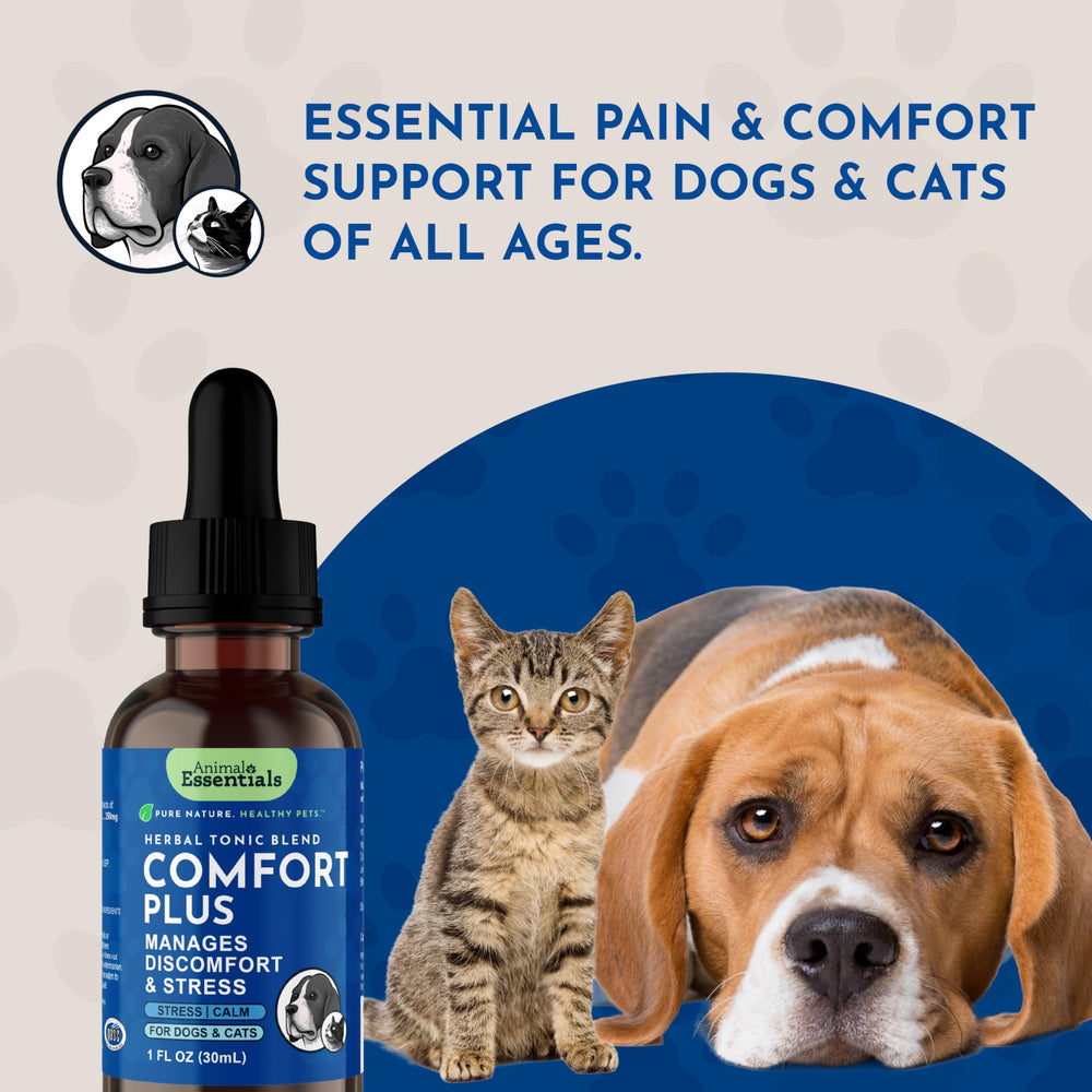 Animal Essentials Comfort Plus herbal tonic with its two named botanicals highlighted.